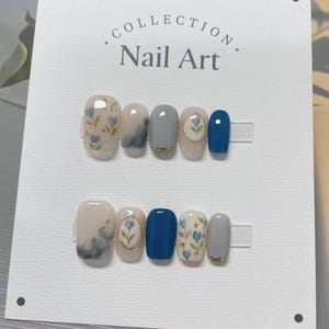 Blue Tulip Press On Nails: Hand-Painted Floral Acrylic False Nails