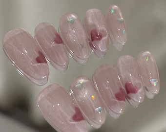 pink glitter cat eye heart valentine nails: Handmade Press On Nails