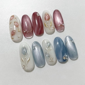 cat eye tulip nails/ hand painted nails /custom press on nails/ hand made Press on Nails/Faux Acrylic Nails/ Gel Nails/Press on Nail