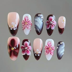 3D Flower Press On Nails: Hand-Painted Faux Acrylic Gel Nails
