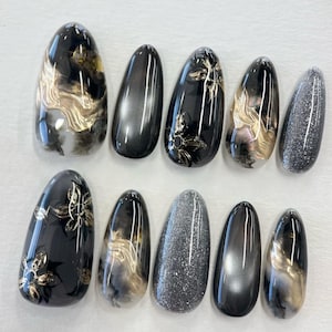 Ombre black cat eye gold flower Press On Nails: Hand Painted custom Gel Nails
