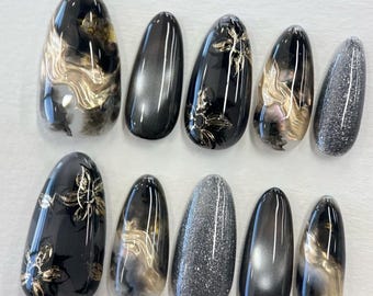 Ombre black cat eye gold flower Press On Nails: Hand Painted custom Gel Nails