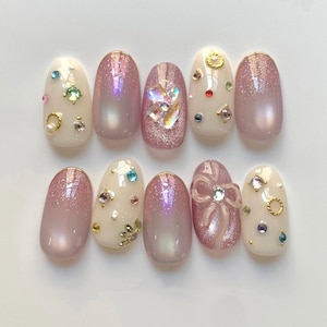3D Bowknot Press On Nails: Hand-Painted Faux Acrylic Gel Nails