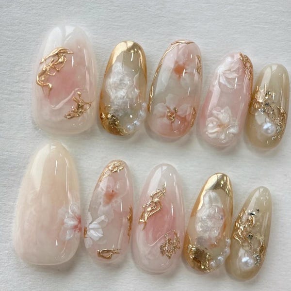 Pink Flower Press On Nails: Hand Painted Gel Faux Acrylic