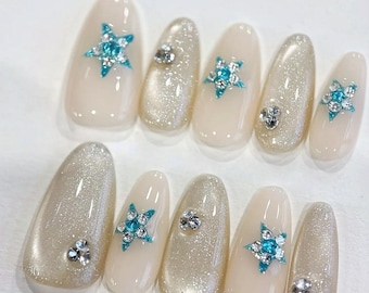 Cat Eye glitter blue star Press On Nails: Hand Painted custom Gel Nails