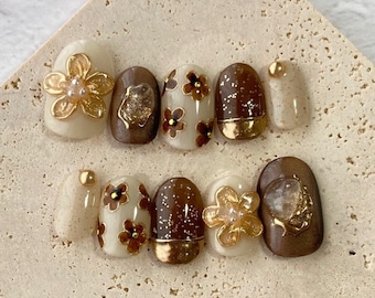 3D Flower Press On Nails: Hand-Painted Faux Acrylic Gel Nails