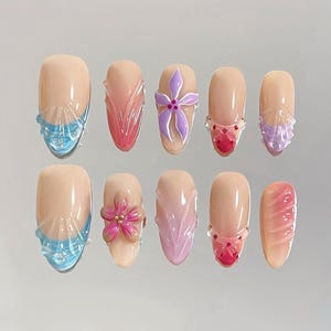 3D Flower Press On Nails: Hand-Painted Faux Acrylic Gel Nails