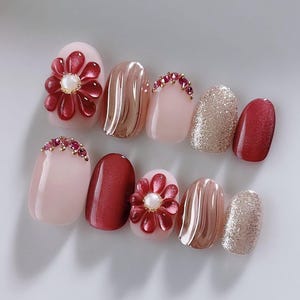 3D Flower Press On Nails: Hand-Painted Faux Acrylic Gel Nails