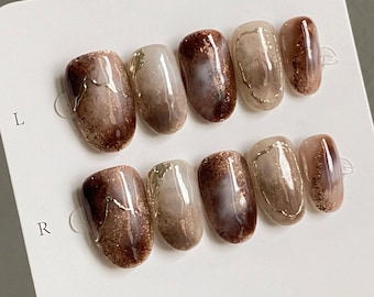 Ombre Glitter autumn Press On Nails: Hand-Painted Faux Acrylics