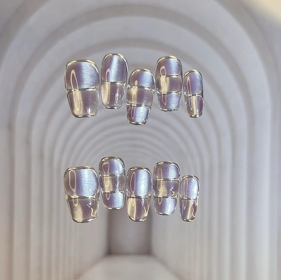 Chrome Cat Eye Press On Nails: Hand-Painted Faux Acrylic Gel Nails