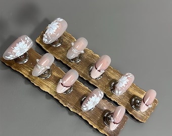 French Flower Press On Nails: Hand-Painted Faux Acrylic Gel Nails
