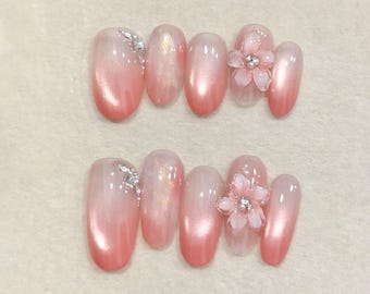 3d fower ombre cat eye Press On Nails: Hand Painted custom Gel Nails