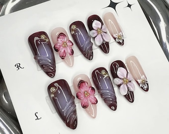 3D Flower Press On Nails: Hand Painted Faux Acrylic Gel Nails