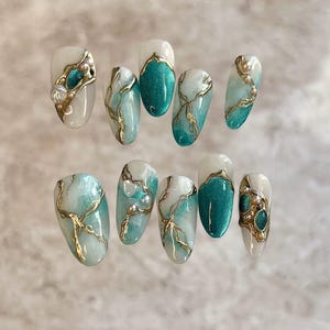 Handmade Ombre Green Gold Press On Nails: Faux Acrylic Gel Nails