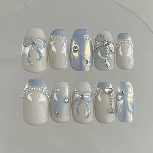 3D Bowknot Press On Nails: Hand-Painted Faux Acrylic Gel Nails