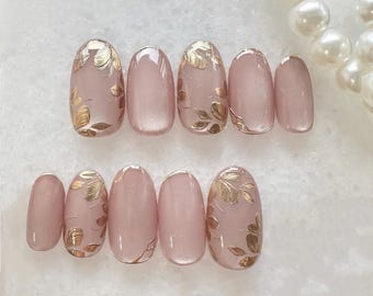 Gold Flower Press On Nails: Hand-Painted Faux Acrylic Gel Nails