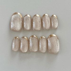 cat eye gold french nails/ hand painted nails /custom press on nails/ hand made Press on Nails/Faux Acrylic Nails/ Gel Nails/Press on Nail