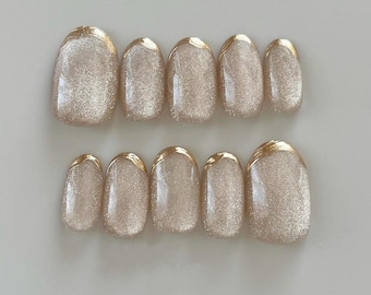 Handmade Gold French Tip Press On Nails: Cat Eye Acrylic Gel Nails