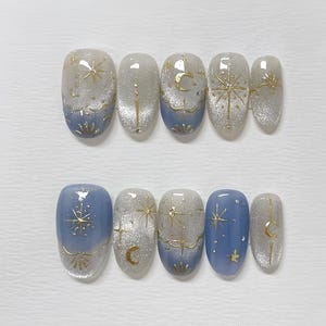 Handmade Glitter Blue Star Cat Eye Press On Nails
