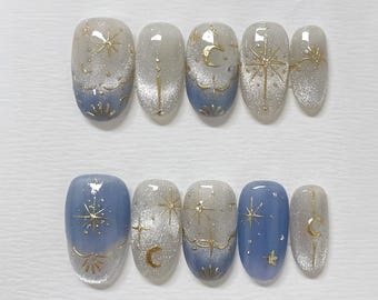 Handmade Glitter Blue Star Cat Eye Press On Nails