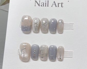 Hand Painted Cat Eye Star Press On Nails: Custom Gel Nail Art