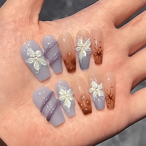 3D Flower Press On Nails: Hand-Painted Faux Acrylic Gel Nails