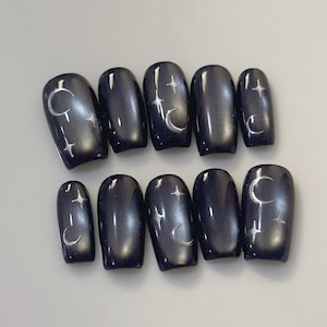 silver star cat eye Press On Nails: hand painted custom Gel Nails