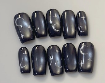 silver star cat eye Press On Nails: hand painted custom Gel Nails