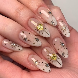 ombre french gold star nails/ hand painted nails /custom press on nails/ hand made Press on Nails/ Gel Nails/Press on Nail