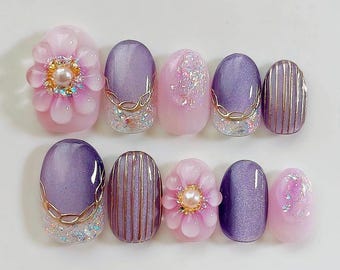 3D Flower Press On Nails: Hand Painted Faux Acrylic Gel Nails
