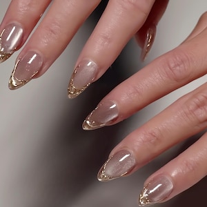 cat eye gold french nails/ hand painted nails /custom press on nails/ hand made Press on Nails/Faux Acrylic Nails/ Gel Nails/Press on Nail