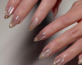 Handmade Gold French Cat Eye Press On Nails