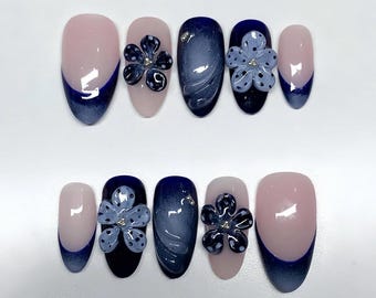 3D Flower Press On Nails: Hand-Painted Faux Acrylic Gel Nails