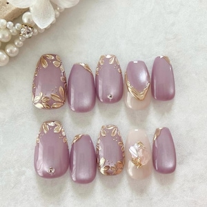 cat eye gold flower nails/ hand painted nails /custom press on nails/ hand made Press on Nails/Faux Acrylic Nails/ Gel Nails/Press on Nail