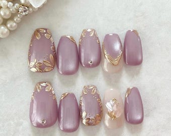 Gold Flower Press On Nails: Hand-Painted Faux Acrylic Gel Nails