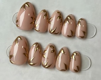 Gold Chrome Flower Press On Nails: Hand-Painted Gel Nails