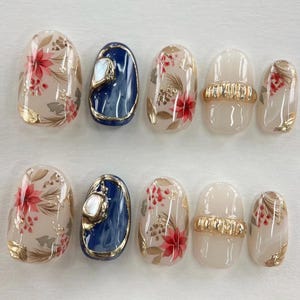3D Flower Press On Nails: Hand-Painted Faux Acrylic Gel Nails
