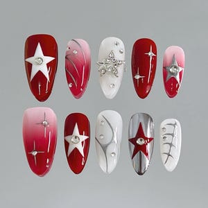 silver chrome star nails/ hand painted nails /custom press on nails/ hand made Press on Nails/Faux Acrylic Nails/ Gel Nails/Press on Nail