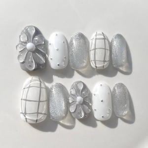 3D Flower Press On Nails: Hand-Painted Faux Acrylic Gel Nails