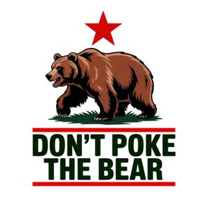 May include: A brown bear illustration with a red star above and the text "DON'T POKE THE BEAR" in green and white on a white background. The bear is walking on green grass.