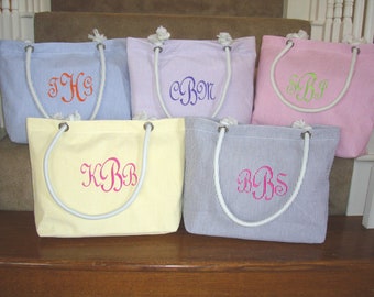 Seersucker Beach Bag Personalized, Beach Tote, Duffle Bag, Bridesmaid Gift