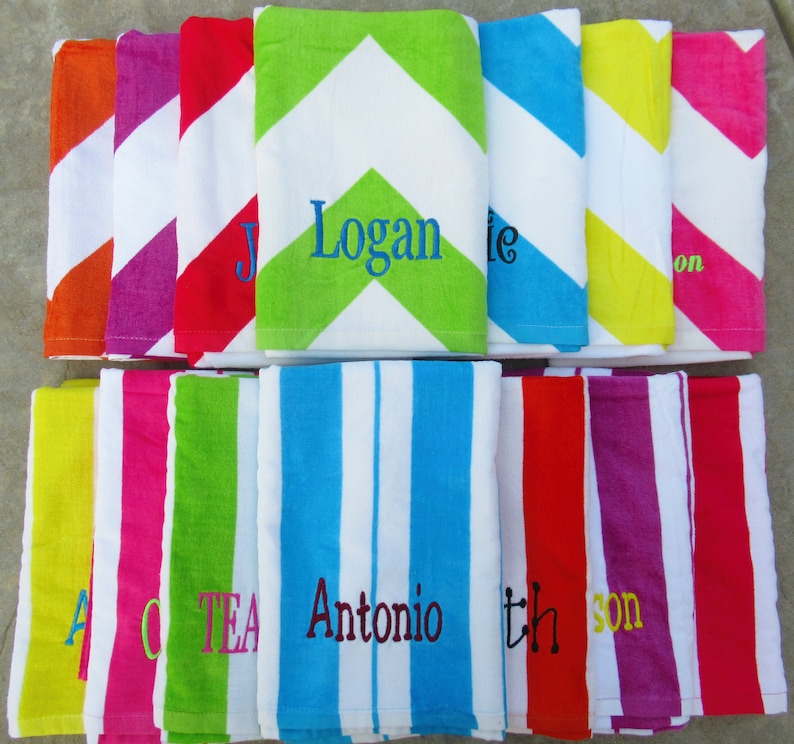 Bright velour beach towels personalized with name.  They are chevron print or cabana striped.  The large 30"x60" size is perfect for kids, teenagers, and adults.  Colors include lime green, red, purple, orange, blue, yellow, and hot pink.