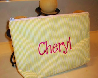 Personalized Makeup Bag: Yellow Striped Cosmetic Bag with Name