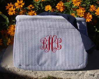 Personalized Seersucker Lunch Bag: Embroidered Insulated Cooler
