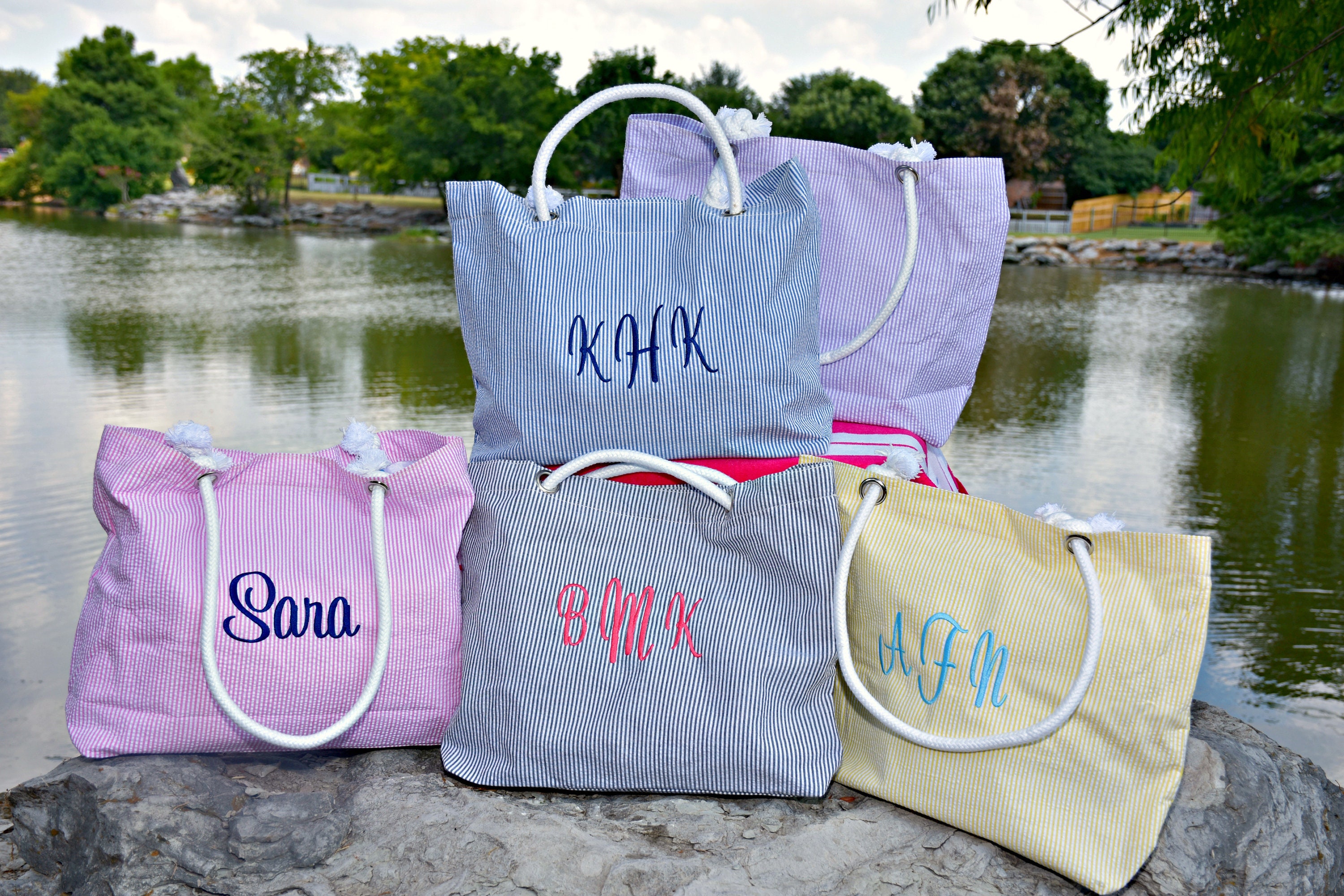 Classic Monogrammed Canvas Seersucker Tote - Sunny and Southern