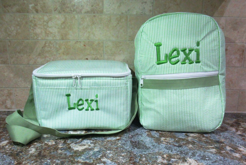 Personalized Lunch Tote and Backpack Set in Seersucker, Lunchbox, Backpack, Lunch Bag, Snack Bag, Back to School image 2