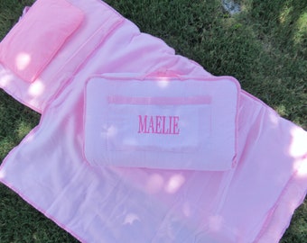 Personalized Large Pink and Pink Nap Mat Including Blanket, Pad, and Pillow