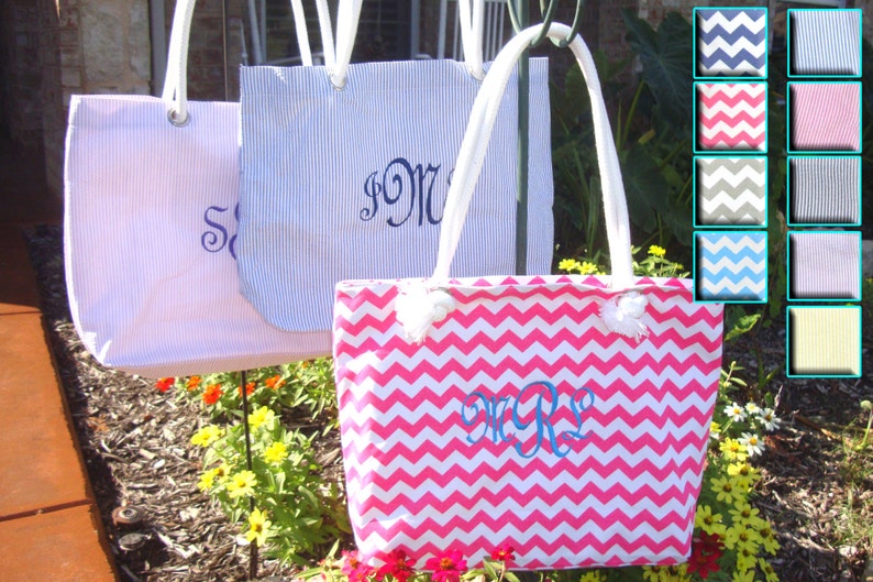 Hot Pink Beach Bag Personalized, Navy Seersucker Beach Tote, Bridesmaids Gifts 