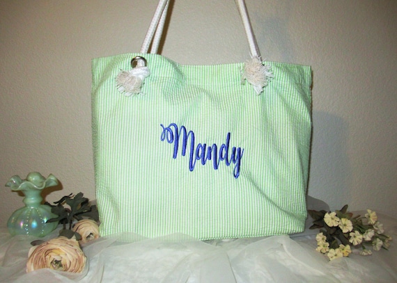 Classic Monogrammed Canvas Seersucker Tote - Sunny and Southern