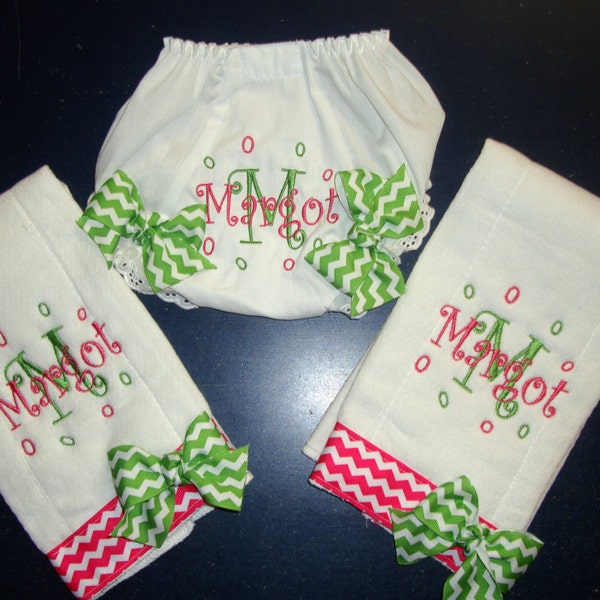 Personalized Burp Cloth and Diaper Cover Baby Gift Set, Lime Green and Hot Pink Chevron, Baby Girl Gift, Baby Shower